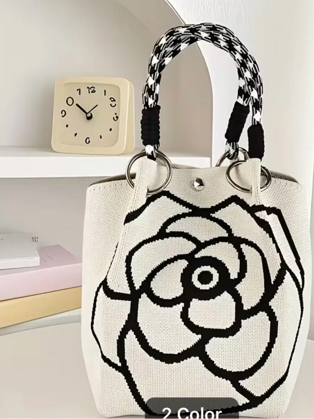 Black & White Floral Tote Bag with Braided Handles